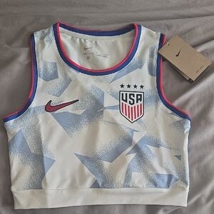 Nike White USA Cropped Sports Tank with Light Blue Print and Red Trim